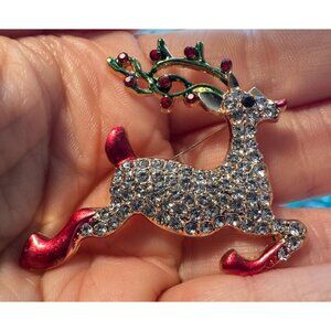 Glittering Reindeer Rhinestone Christmas Brooch